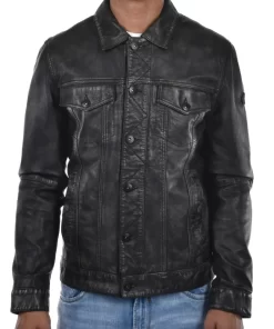 Mens Vintage Black Leather Trucker Jacket Washed Finish