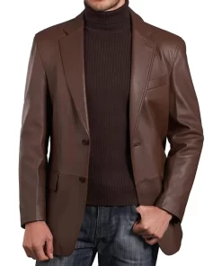 Men's Cognac Brown Two Button Leather Blazer