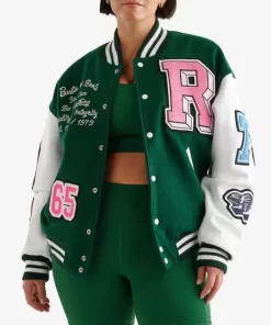 Womens Green/White Wool Leather Jacket