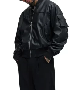 Men’s Oversized Black Leather Bomber Jacket