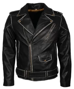 Black Vintage Biker Leather Jacket with Belt