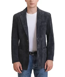 Men’s Blue Calf Suede Leather Blazer with Notch Lapel