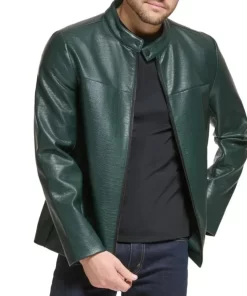 Men's Green Quilted Croco Style Cafe Racer Leather Jacket