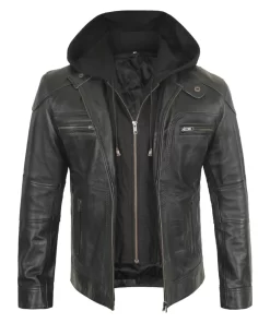 Men's Black Hooded Leather Biker Jacket