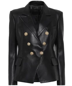 Womens Kim Double Breasted Black Leather Blazer